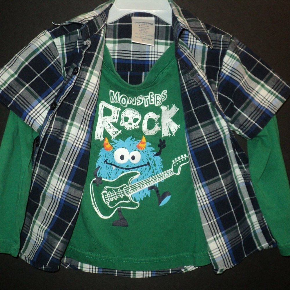 Toughskins Boys Size 3T Monsters Rock Layered Look Long Sleeved Shirt Plaid
